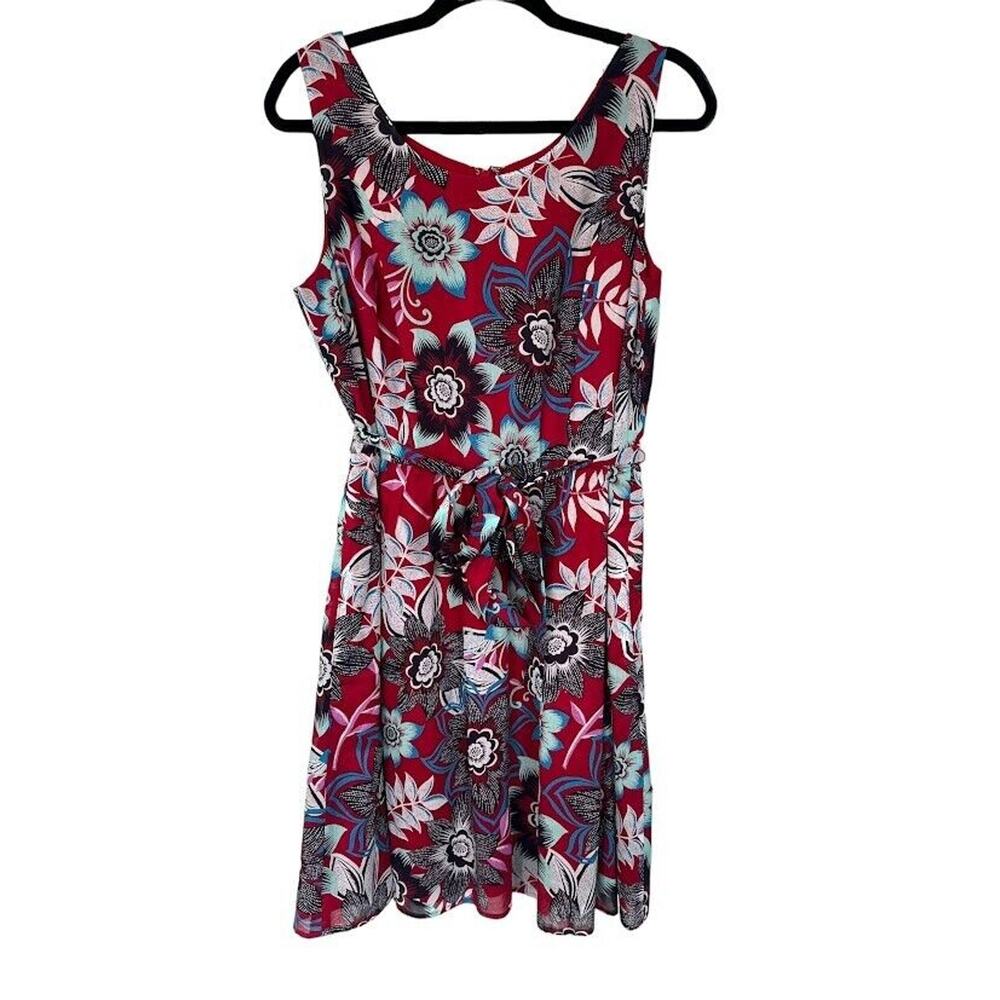Talbots Floral Sleeveless Fit & Flare Dress Women’s 12P Petite Red Belted Lined